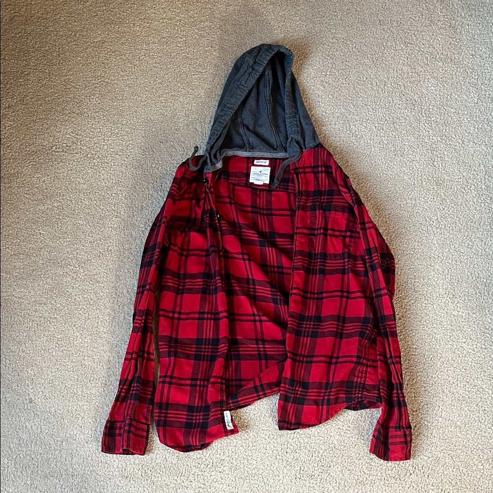 Red Plaid American Eagle Hooded Flannel Shirt